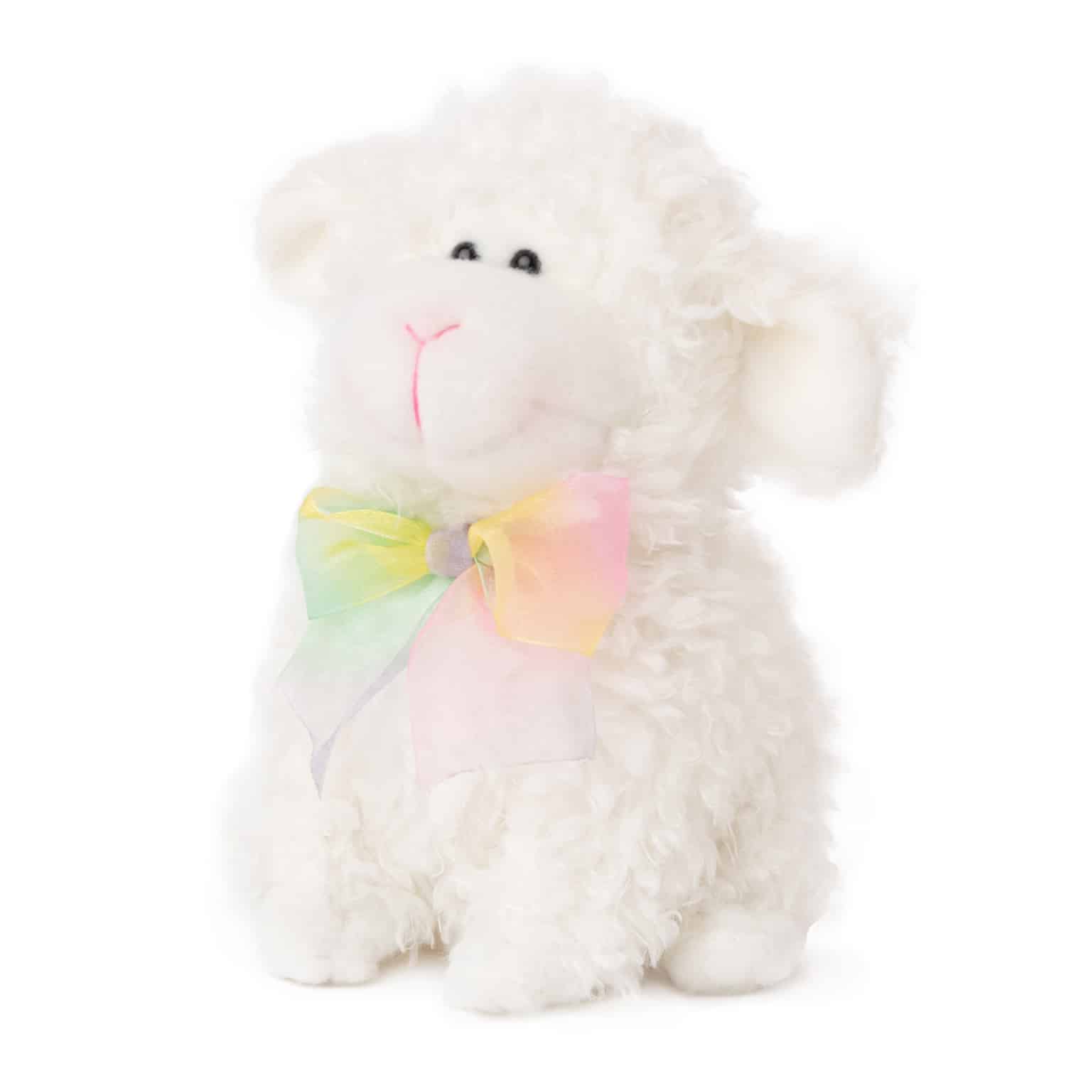 White sheep with colored ribbon