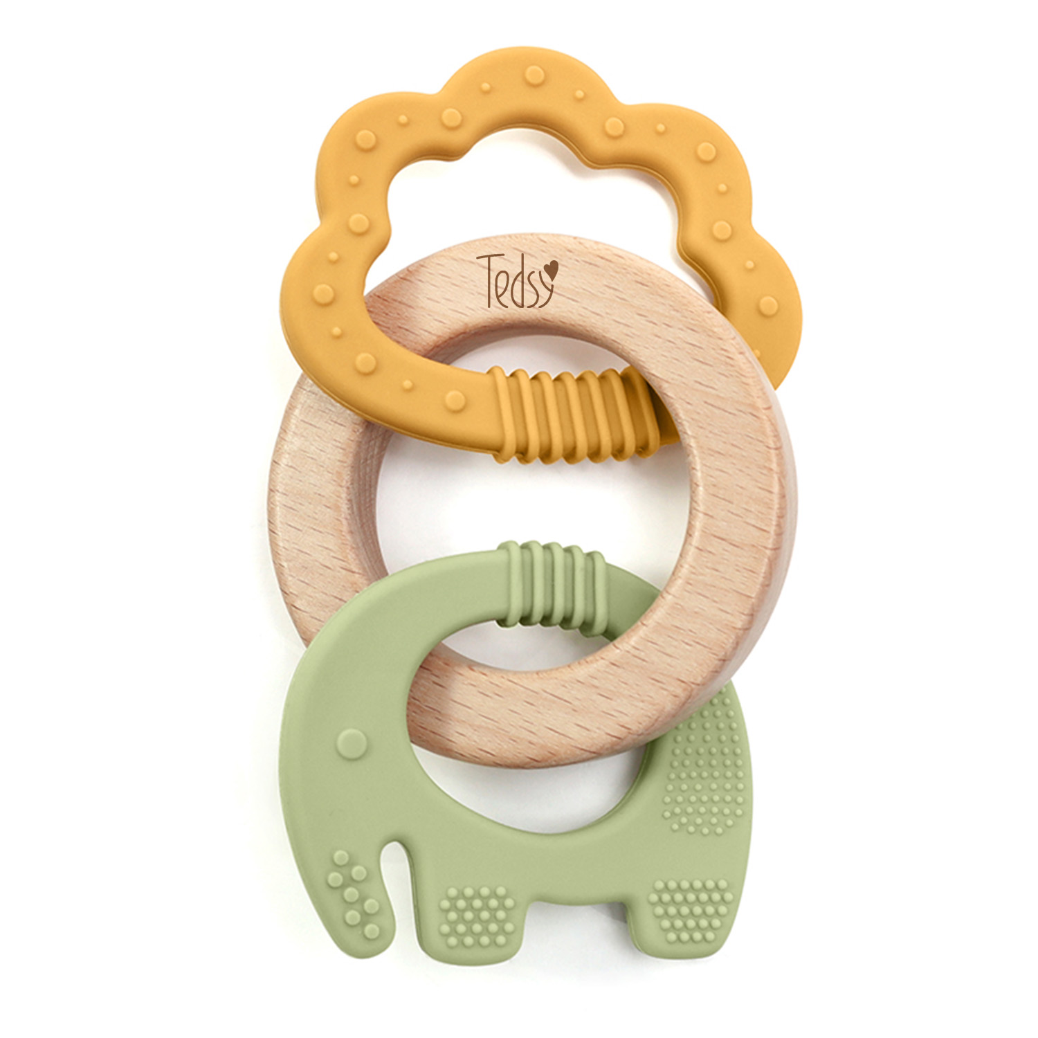 Силиконова гризалка с дърво 3 части - Зелен