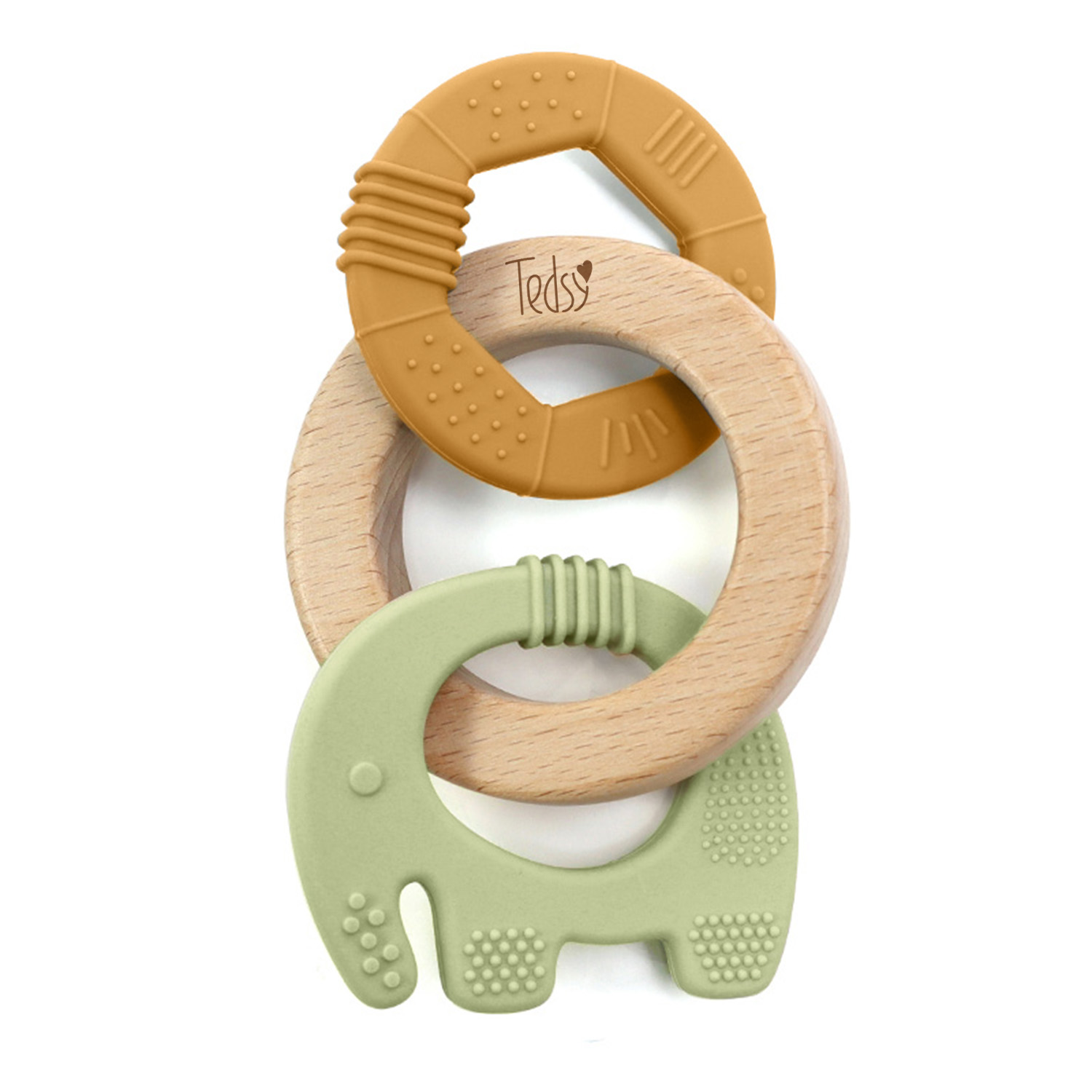 Силиконова гризалка с дърво 3 части - Зелен