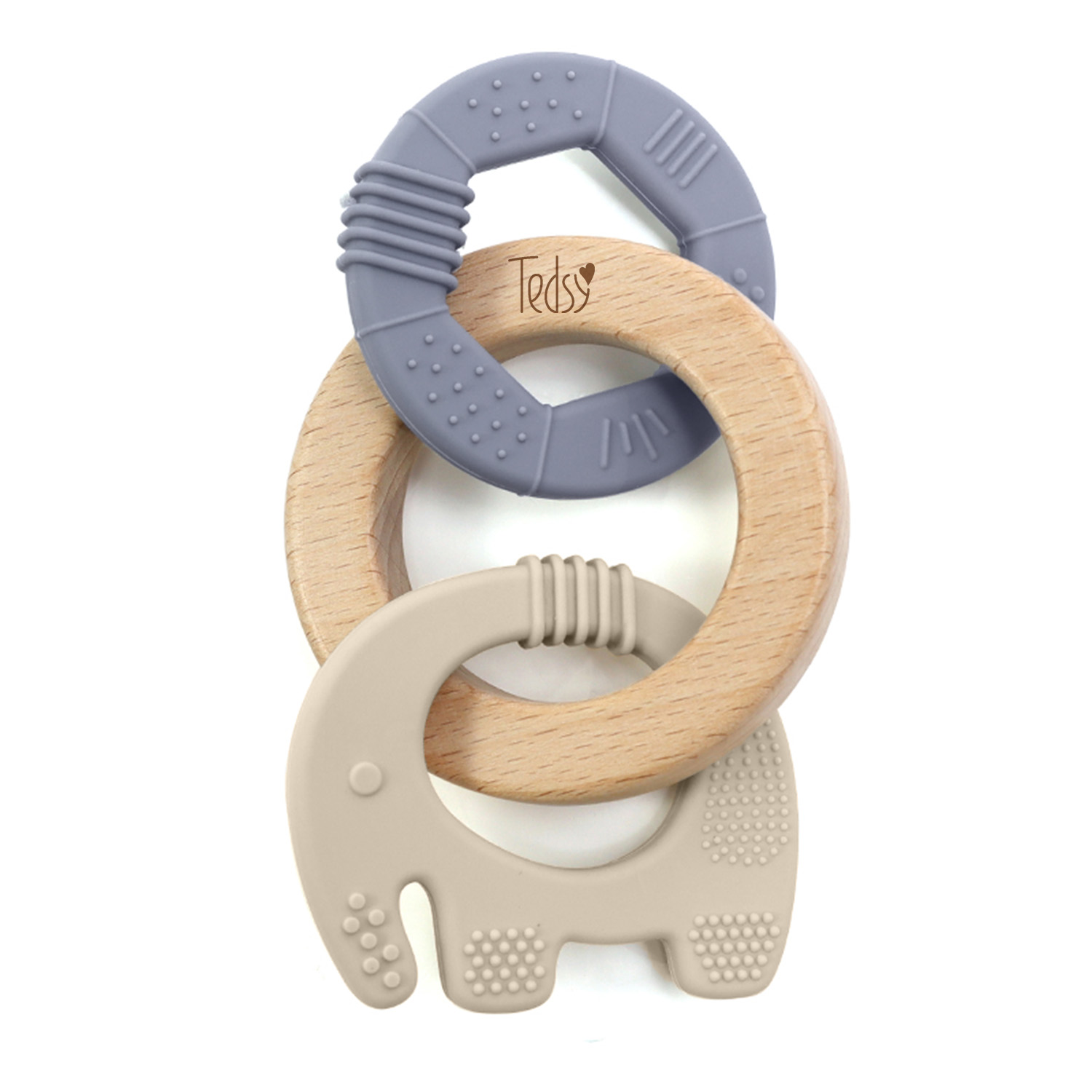 Силиконова гризалка с дърво 3 части - Бежов