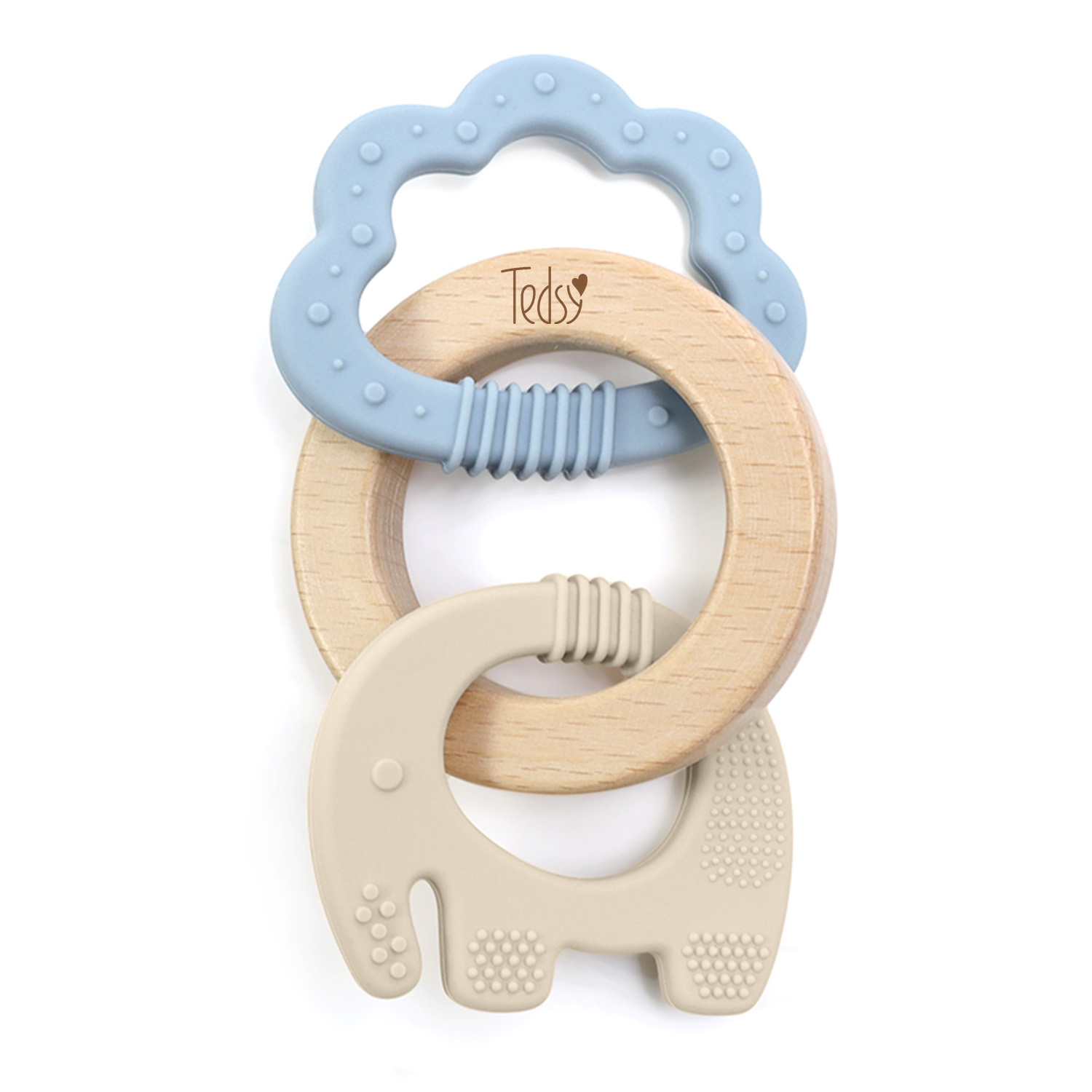 Силиконова гризалка с дърво 3 части - Бежов