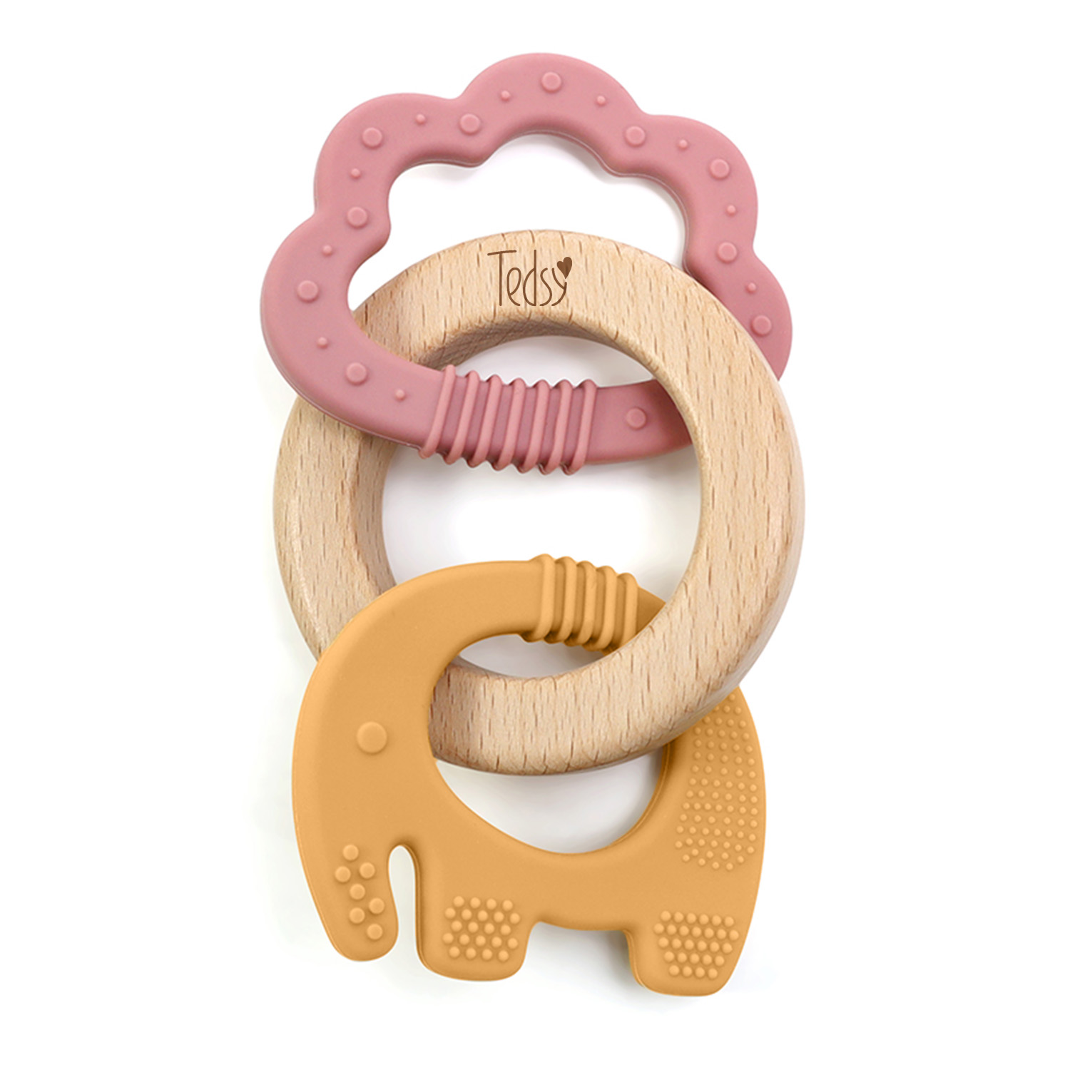 Силиконова гризалка с дърво 3 части - Горчица