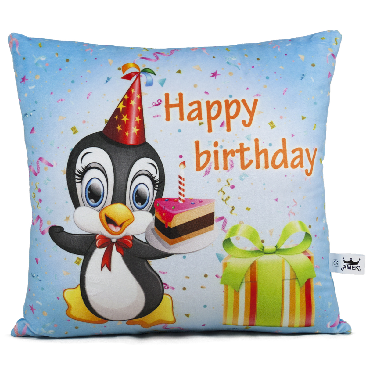 Pillow Happy Birthday with penguin and cake