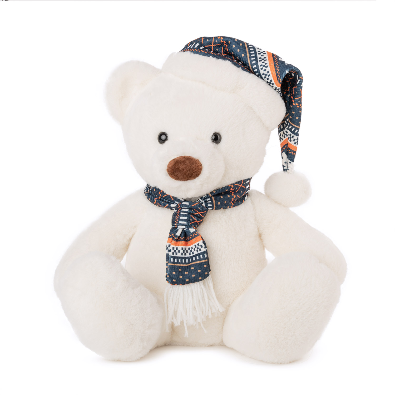 Bear with Christmas hat and scarf - White
