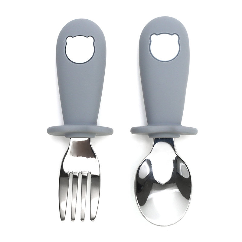 Бебешки силикон/метал прибори - Сив